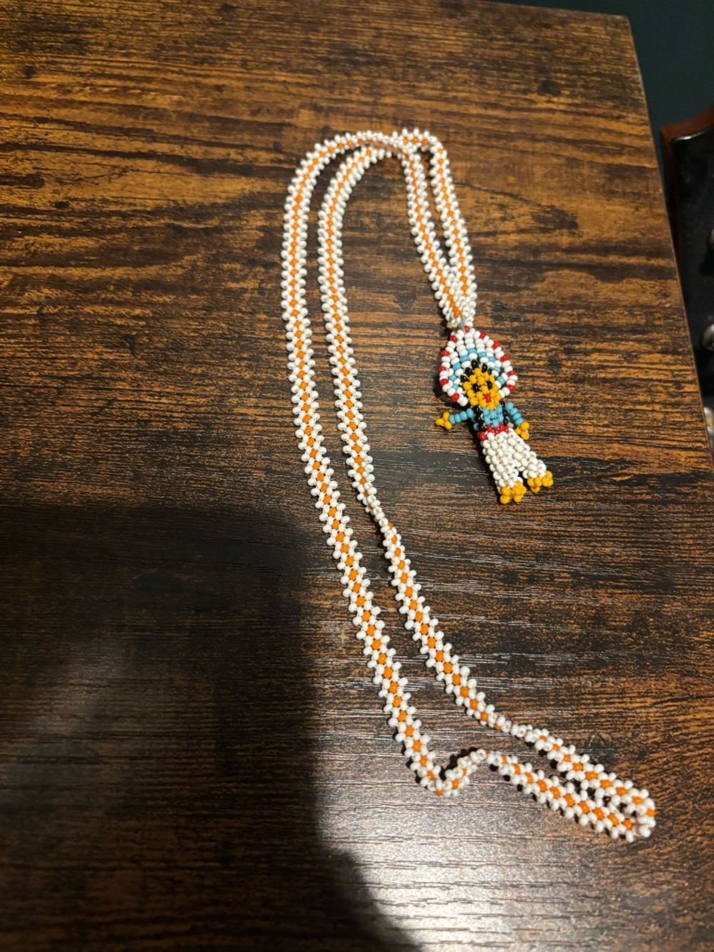 VTG Handmade Beaded White and Orange Native American Inspired Pendant Necklace